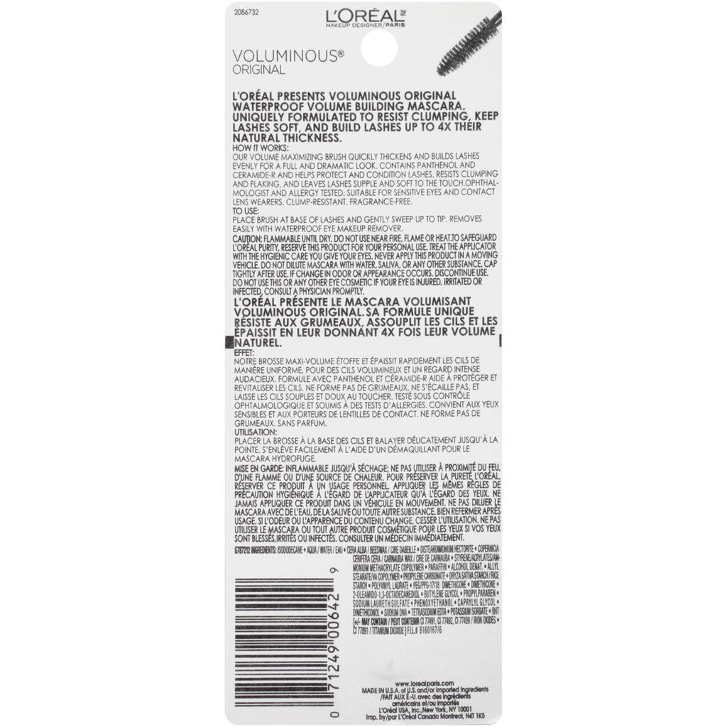 L'Oreal Paris Makeup Voluminous Original Volume Building Waterproof Mascara, Black Brown, 1 Count