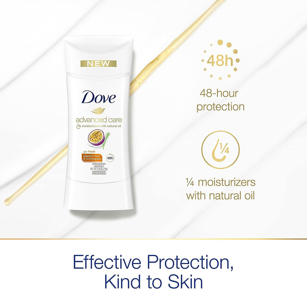 Dove Advanced Care Deodorant Passion Fruit + Lemongrass 4 Count for 48-Hour Sweat and Odor Protection Non-Irritating Antiperspirant with 0% Alcohol 2.6 oz
