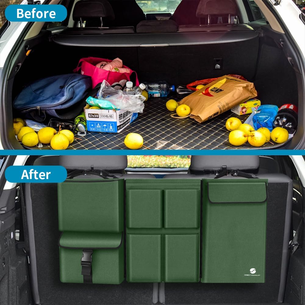 Car Trunk Organizer with Cooler, Hanging Car Organizers and Storage with Large Pockets, Zippers Detachable Seat Back Organizers Storage, Waterproof Car Storage Trunk Organizer for Jeeps, SUVs, Olive
