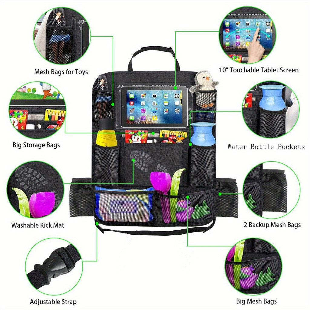 Car Seat Back StoraBag, Waterproof Durable Car Seat Organizer With Clear Screen Tablet Holder, 12 StoraPockets Seat Back Protectors