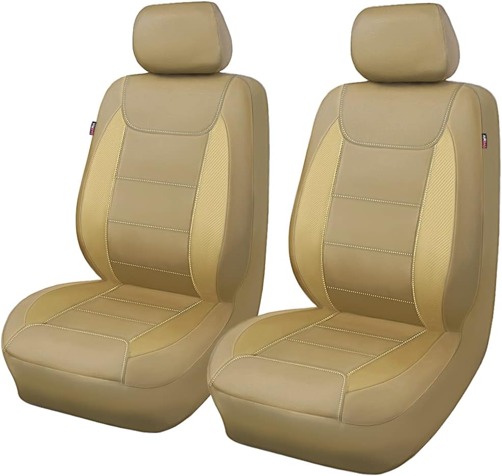 Flying Banner car seat Covers Protects Water Proof Faux Leather Carbon Fiber Fronts Gold Beige (Beige Beige, Front Pair)