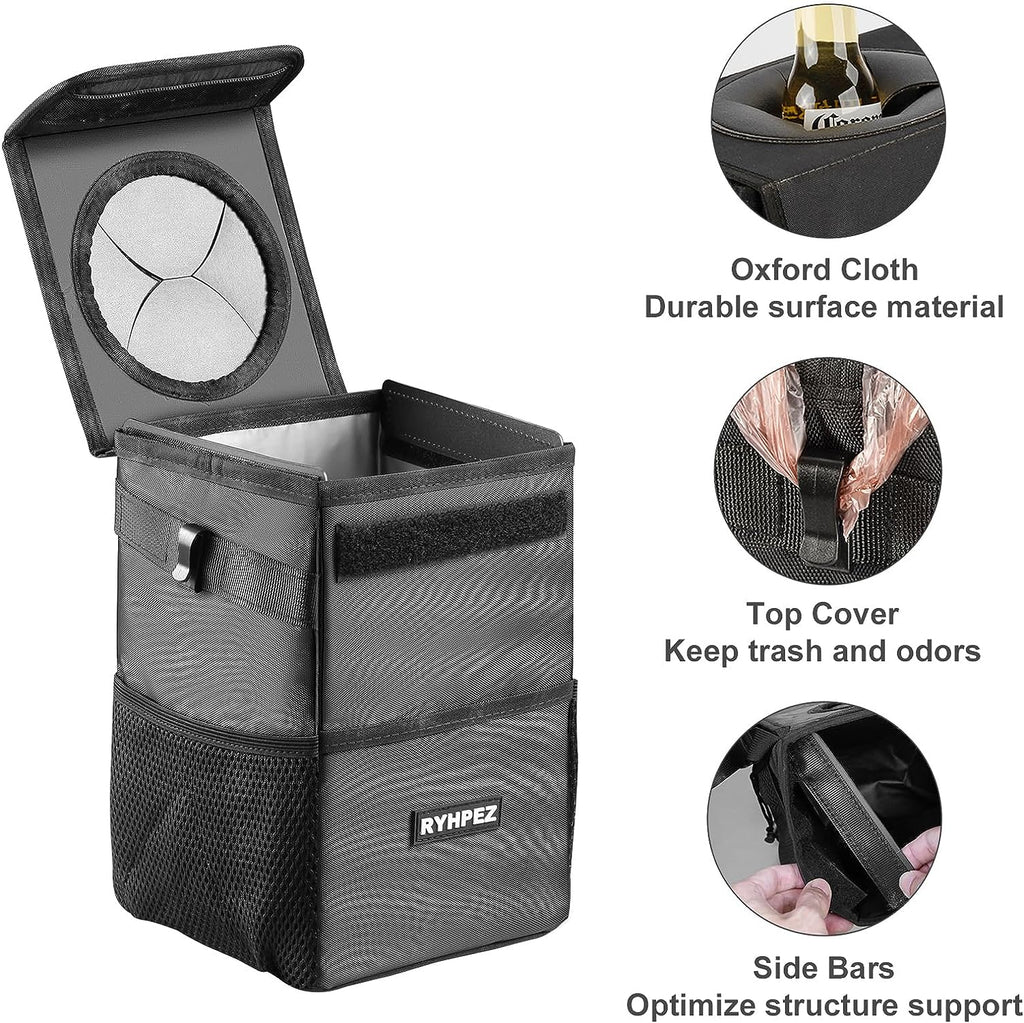 Ryhpez Car Trash Can with Lid - Car Trash Bag Hanging with Storage Pockets Collapsible and Portable Car Garbage Bin