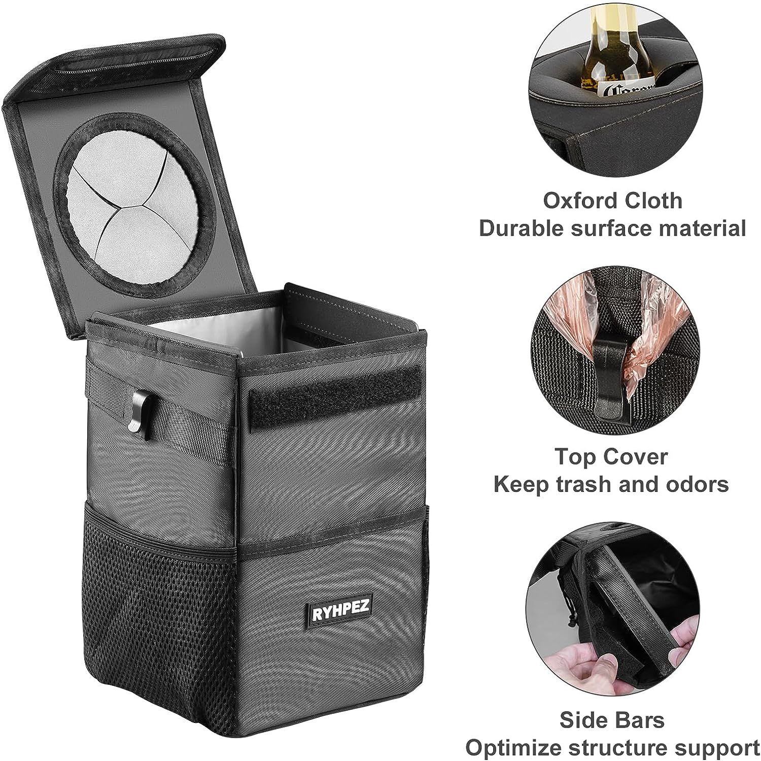 Ryhpez Car Trash Can with Lid - Car Trash Bag Hanging with Storage Pockets Collapsible and Portable Car Garbage Bin