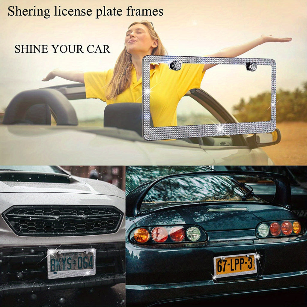 1 Pc Bling  License Plate Frames - Glass Rhinestone Car Tag Holder For Women,Metal Rhinestone Sparkly Car Plate Frame With Bolts,Bling Screws Caps