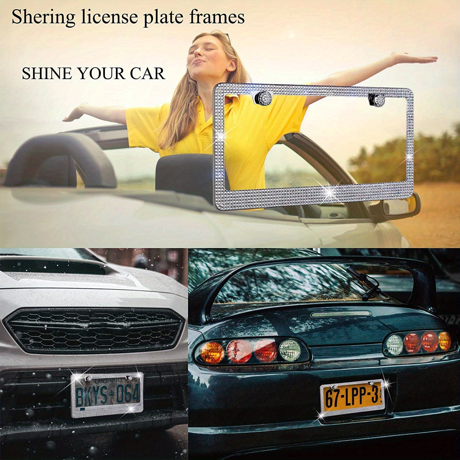 1 Pc Bling  License Plate Frames - Glass Rhinestone Car Tag Holder For Women,Metal Rhinestone Sparkly Car Plate Frame With Bolts,Bling Screws Caps