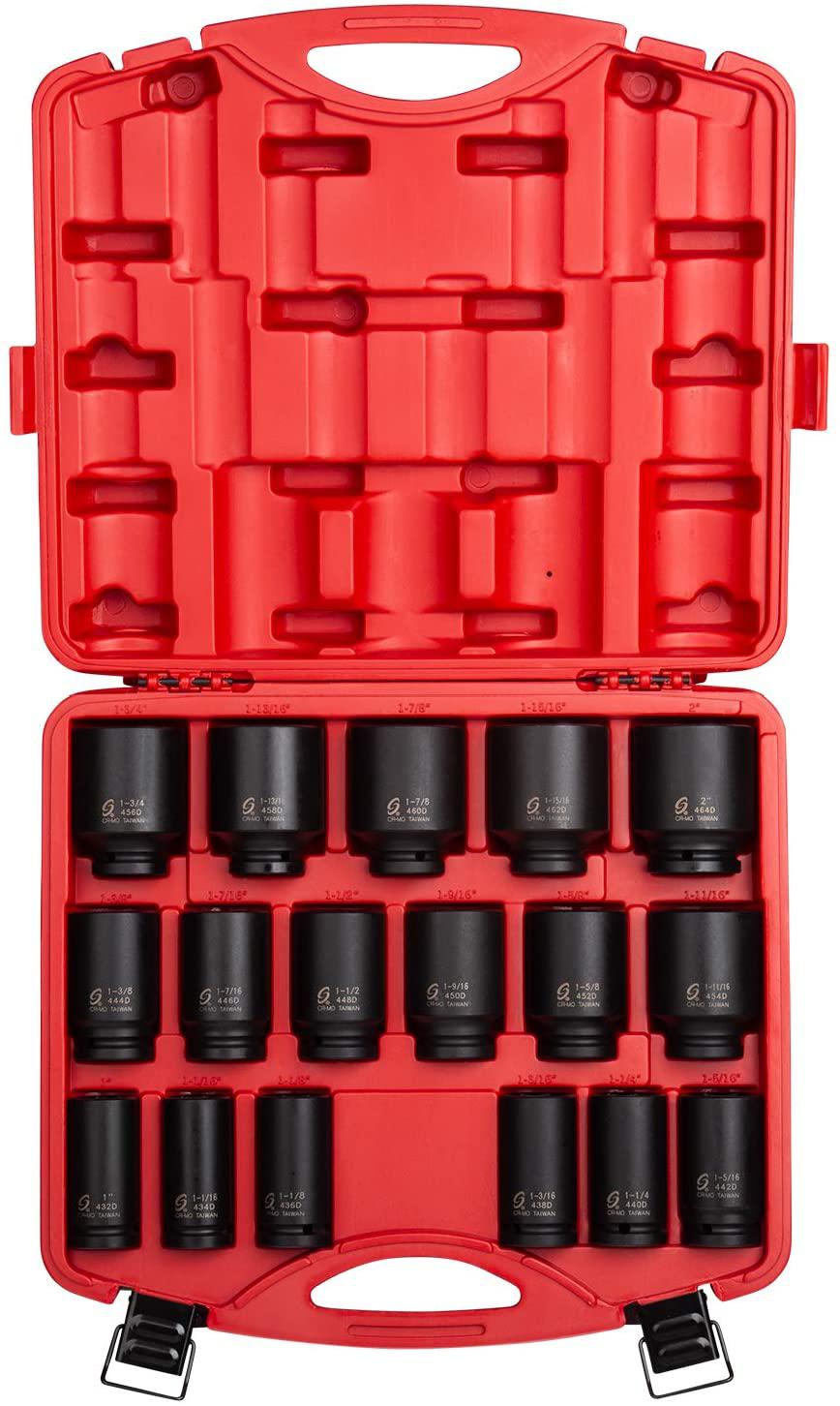 Sunex 4685, 3/4 Inch Drive Deep Impact Socket Set, 17-Piece, SAE, 1"-2", Cr-Mo Steel, Radius Corner , Dual Size Markings, Heavy Duty StoraCase