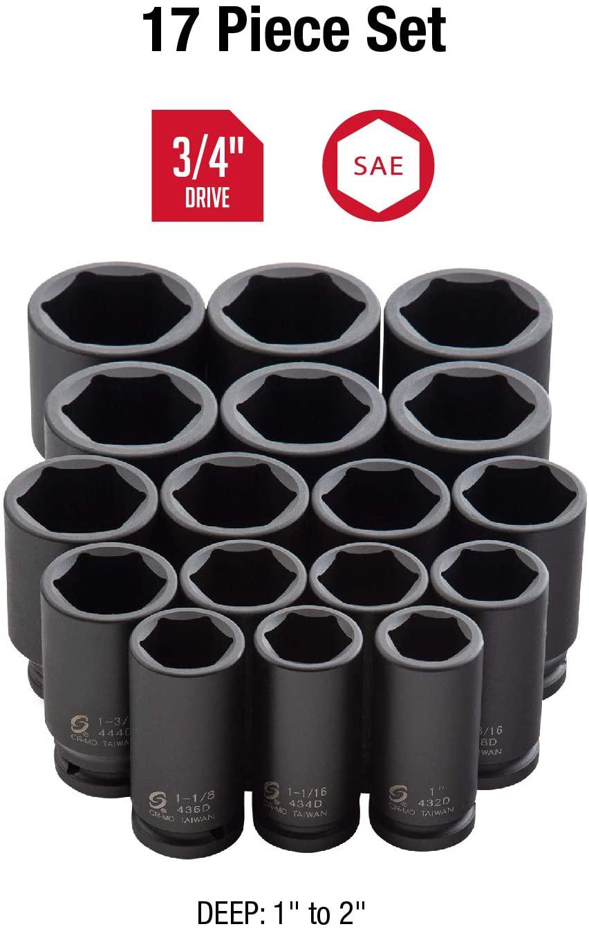 Sunex 4685, 3/4 Inch Drive Deep Impact Socket Set, 17-Piece, SAE, 1"-2", Cr-Mo Steel, Radius Corner , Dual Size Markings, Heavy Duty StoraCase
