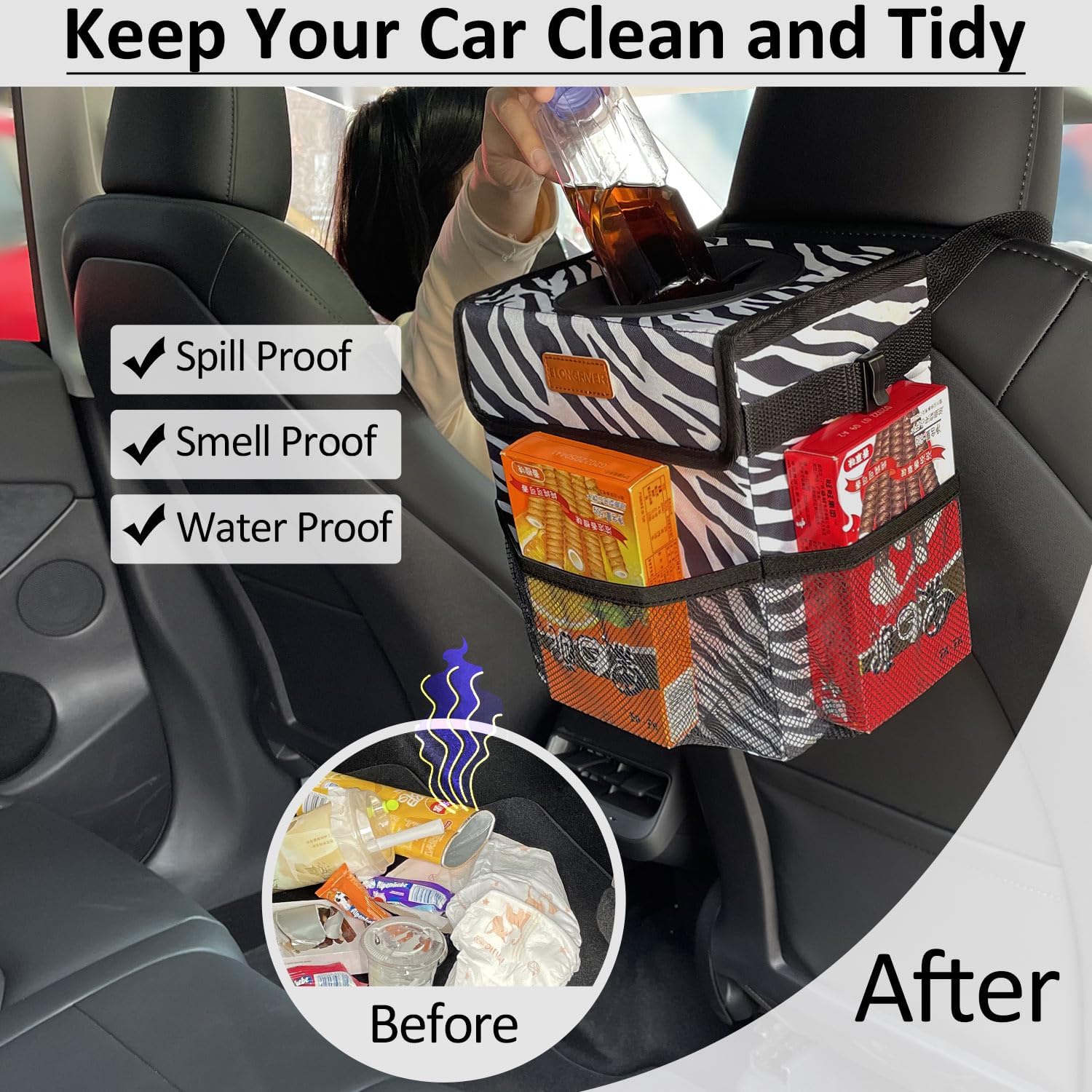 ELONGRIVER Car Trash Can Bin for Car Back Seat Leak Proof, Cute Car Trash Bag Hanging, Vehicle Trash Can for SUV Truck Van, Automotive Car Garbage Cans Front Seat Zebra