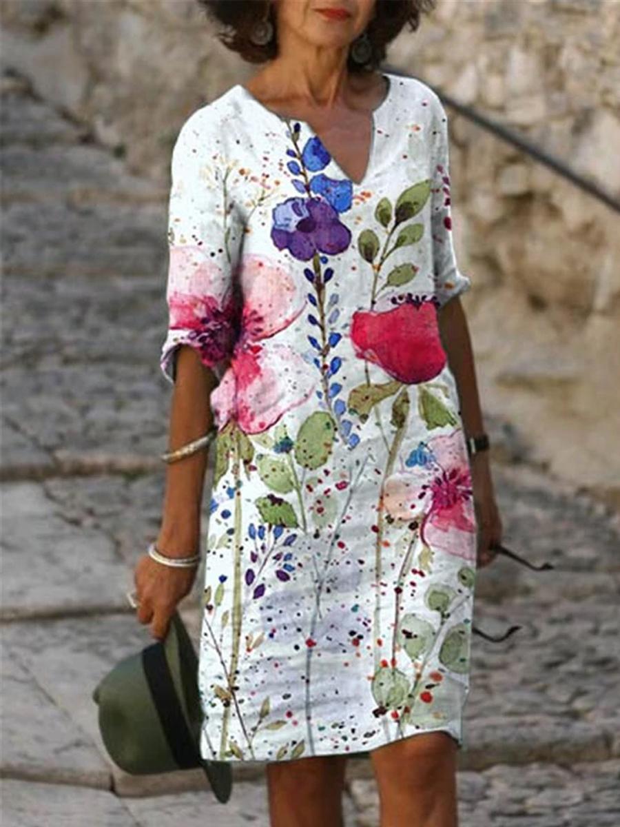Ladies V-neck Printed Shift Dress