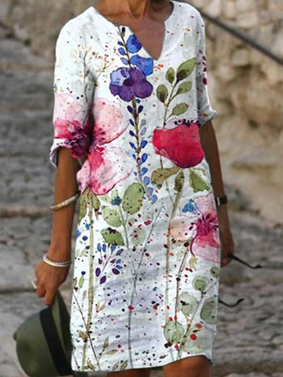 Ladies V-neck Printed Shift Dress