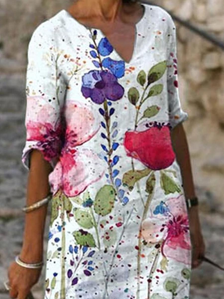 Ladies V-neck Printed Shift Dress