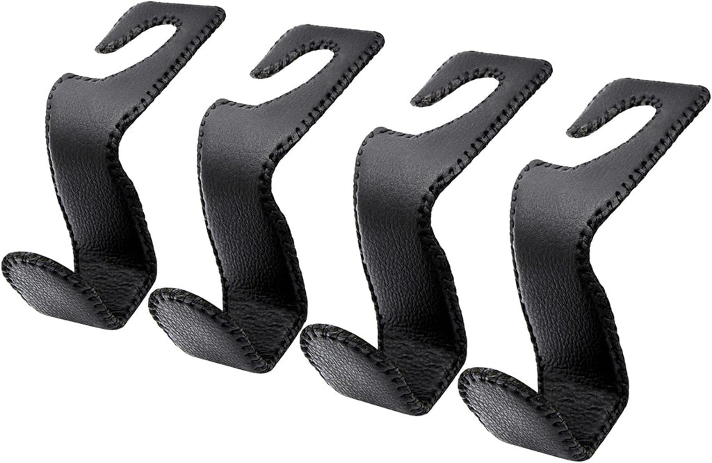EldHus Seat Hooks for Purses and Bags, 4 Pack Car Purse Holder for Grocery Bag Handbag Clothes, Metal Headrest Hooks Covered by Leather, Black