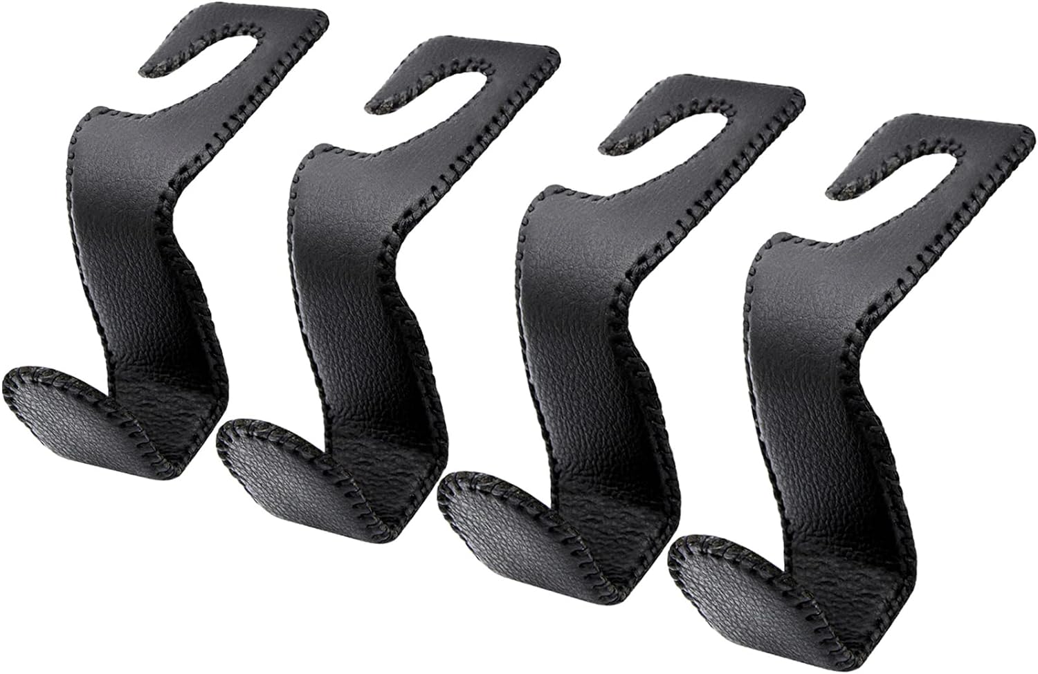 EldHus Seat Hooks for Purses and Bags, 4 Pack Car Purse Holder for Grocery Bag Handbag Clothes, Metal Headrest Hooks Covered by Leather, Black