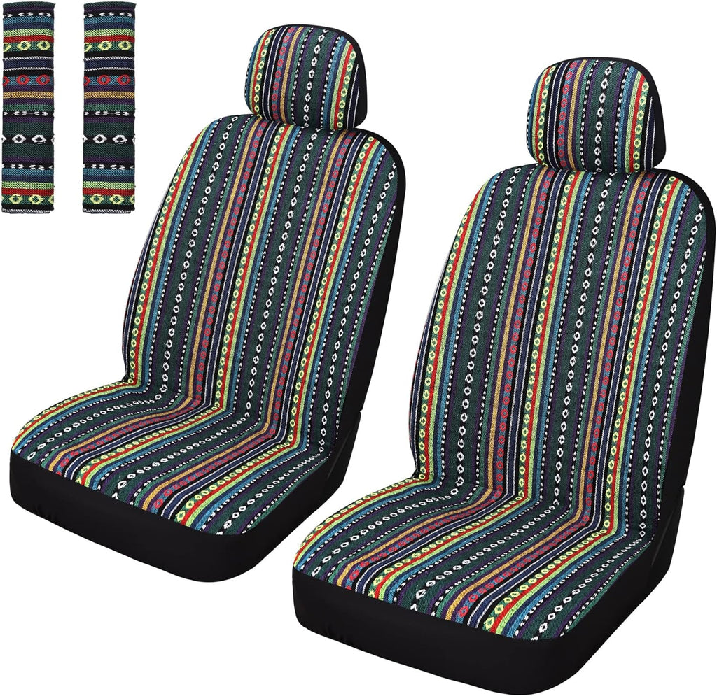 Pariitadin Baja Saddle Blanket Car Seat Covers Front Set with Seat Belt Pads, Washable Breathable Striped Woven Cloth Seat Covers for Cars, Universal Fit Most Cars, Airbag Compatible, Red/Blue