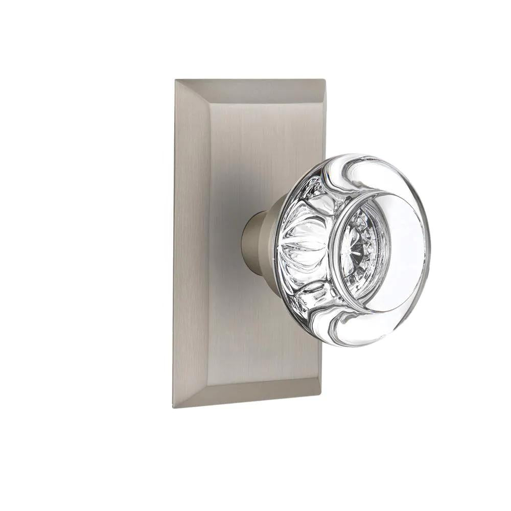 Studio Plate 2-3/8 in. Backset Satin Nickel Privacy Bed/Bath Round Clear Crystal Glass Door Knob