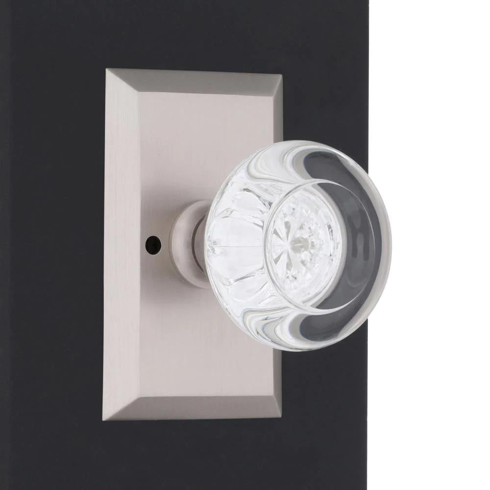 Studio Plate 2-3/8 in. Backset Satin Nickel Privacy Bed/Bath Round Clear Crystal Glass Door Knob