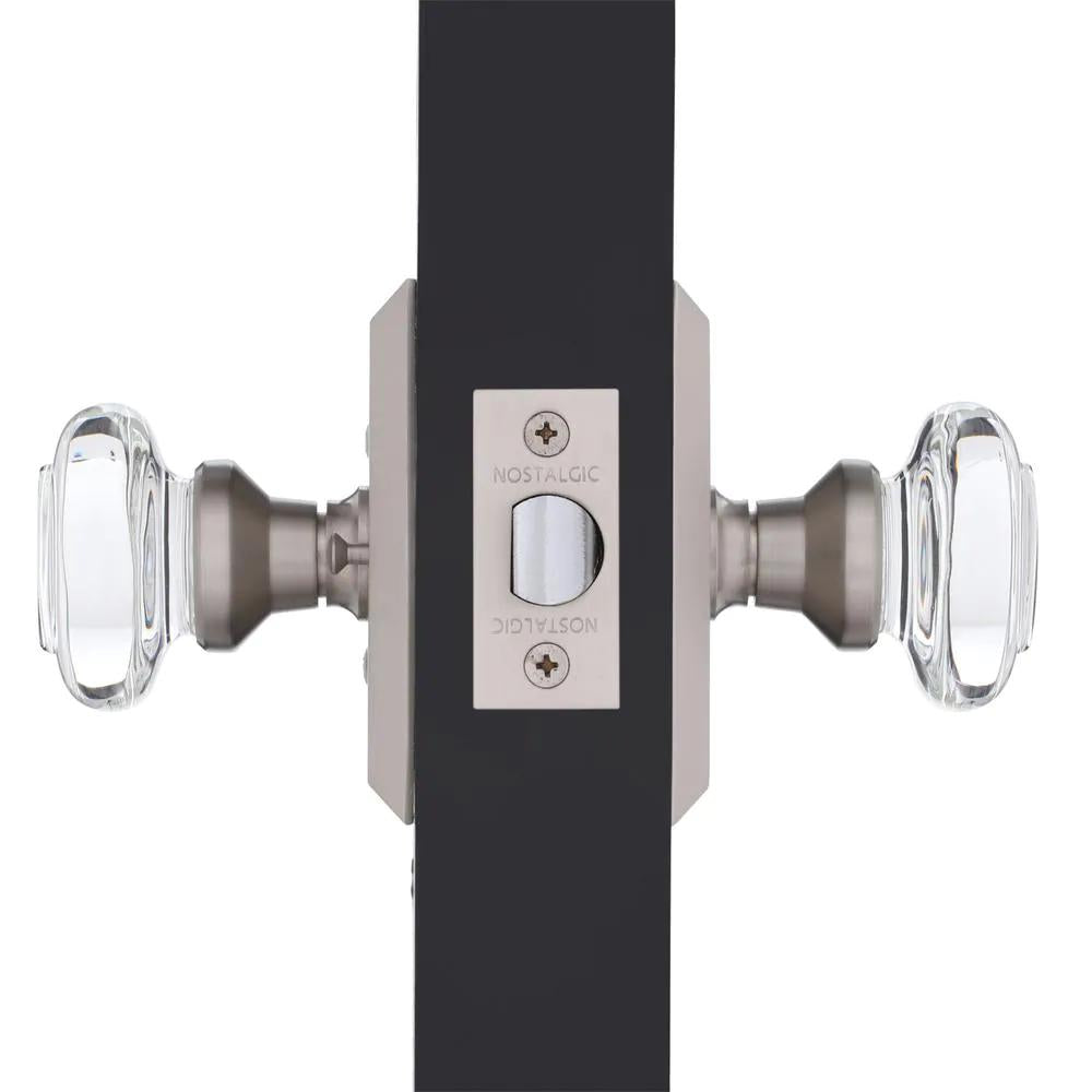 Studio Plate 2-3/8 in. Backset Satin Nickel Privacy Bed/Bath Round Clear Crystal Glass Door Knob