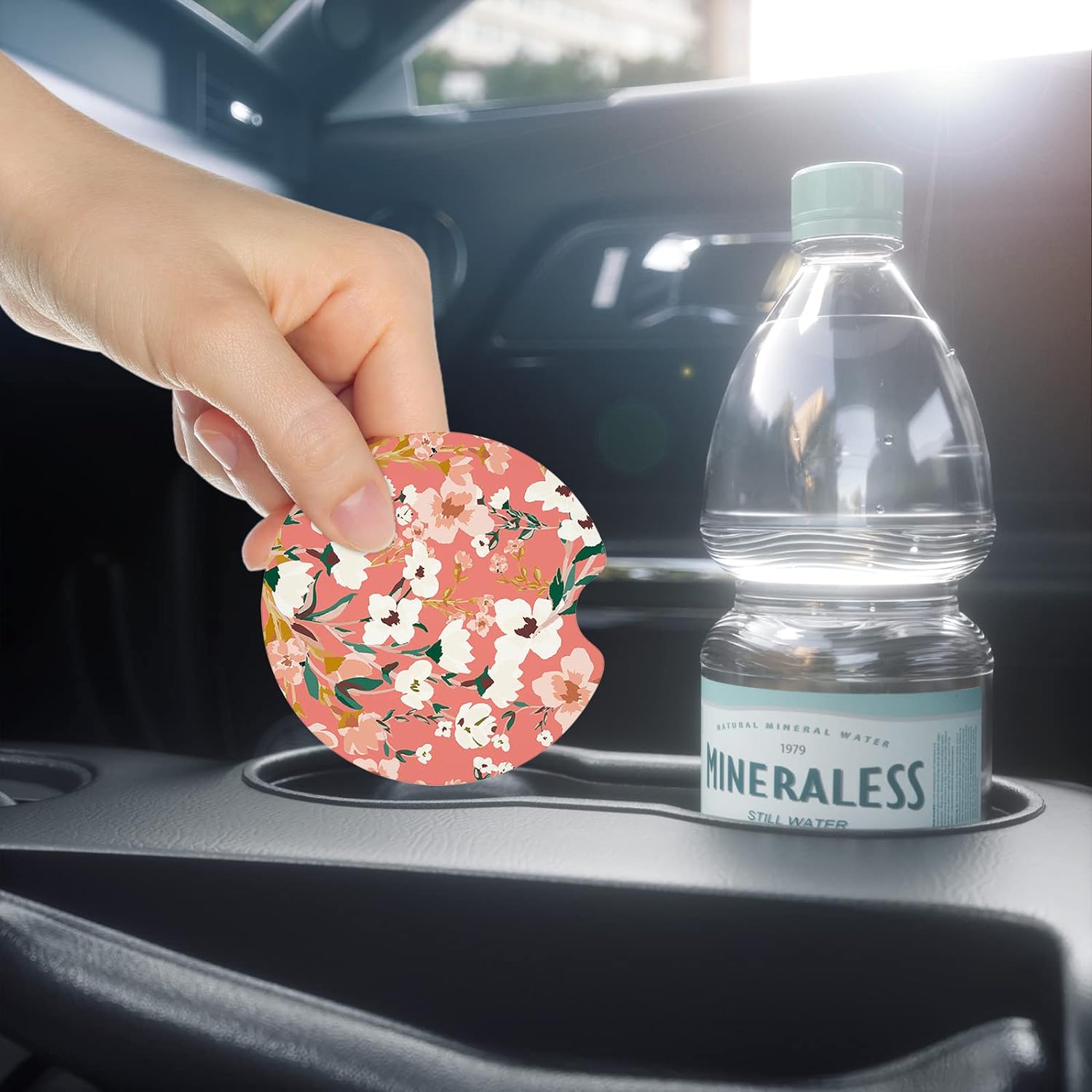 Nipichsha Car Cup Holder Coasters, Car Coasters for Cup Holders, 2 Pack Universal Anti Slip Insert Coasters, Rubber Car Cup Mat with A Finger Notch, Cute Car Interior Accessories for Women (Rosemary)
