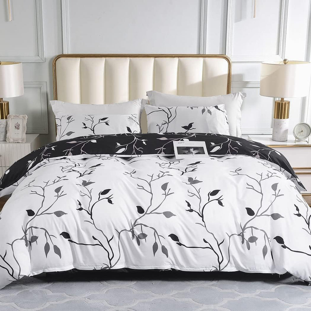 Lekesky Reversible Duvet Cover King Size, White Black Tree Branch Pattern Comforter Cover King 3pc Super Soft Microfiber Breathable Botanical Bedding Sets with Zipper Ties