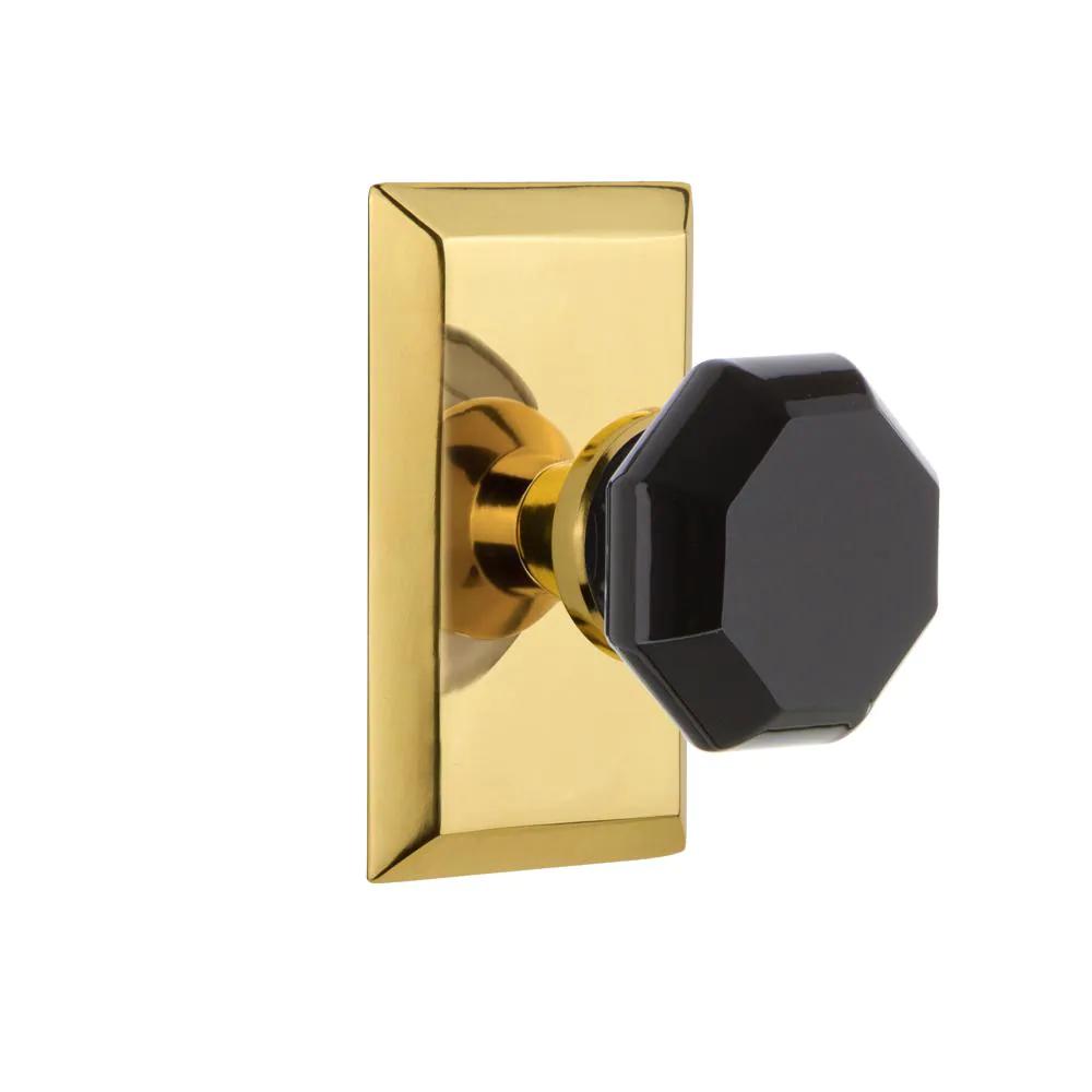 Studio Plate 2-3/8 in. Backset Polished Brass Privacy Bed/Bath Waldorf Black Door Knob