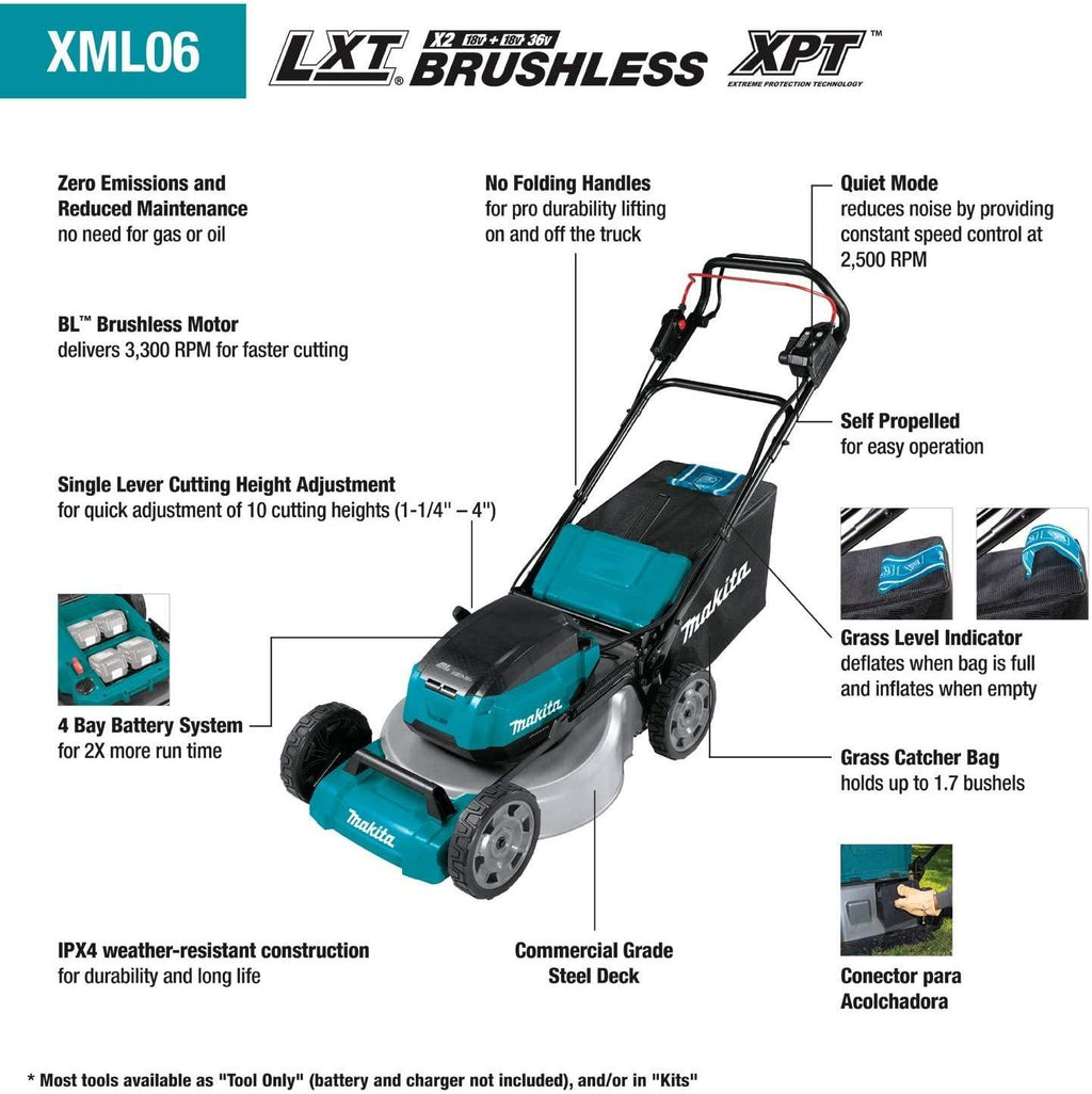 Makita XML06PT1 36V (18V X2) LXT Brushless 18" Self-Propelled Commercial Lawn Mower Kit with 4 Batteries (5.0Ah)