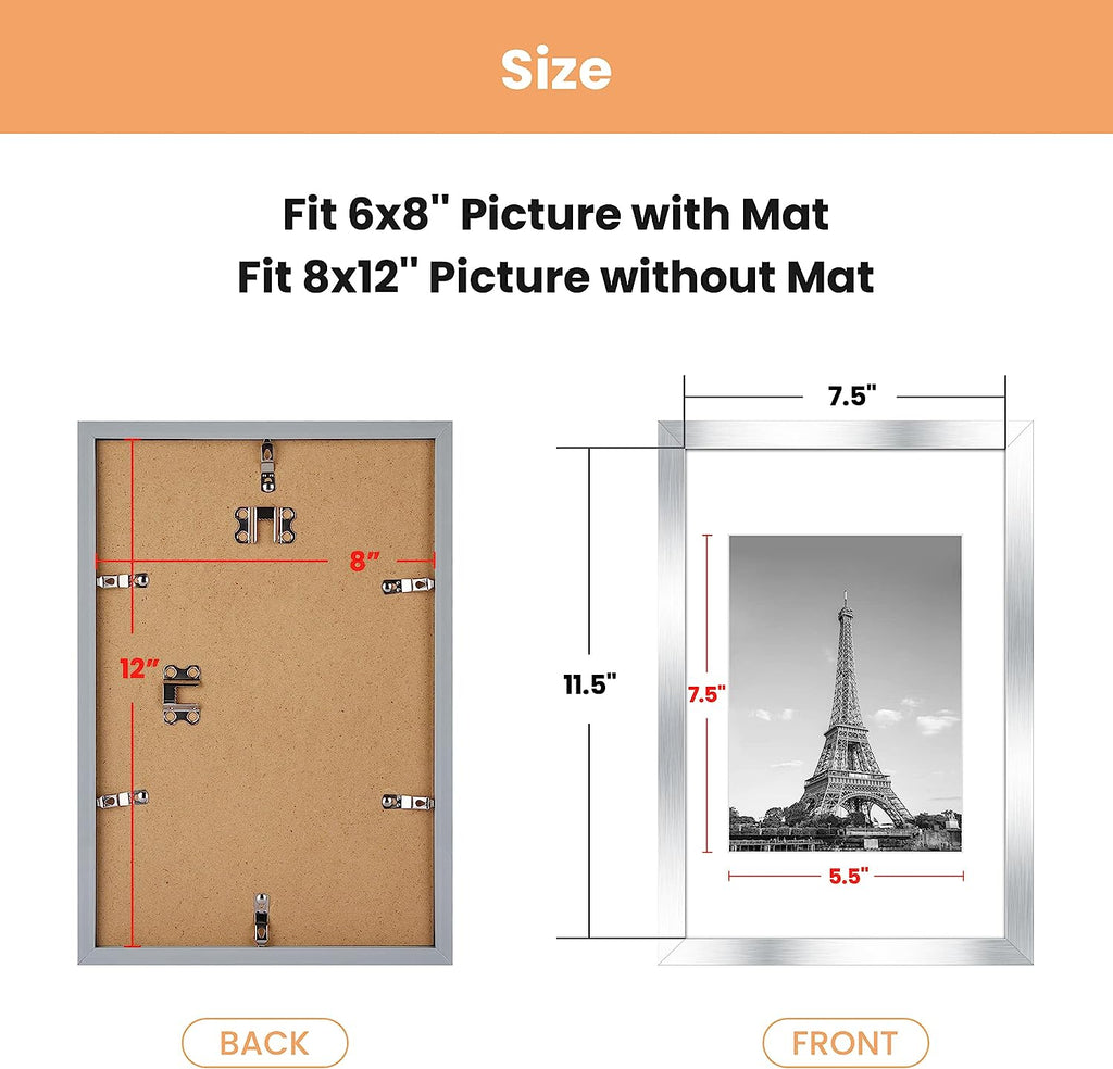 upsimples 8x12 Picture Frame Set of 5, Display Pictures 6x8 with Mat or 8x12 Without Mat, Wall Gallery Photo Frames, Silver
