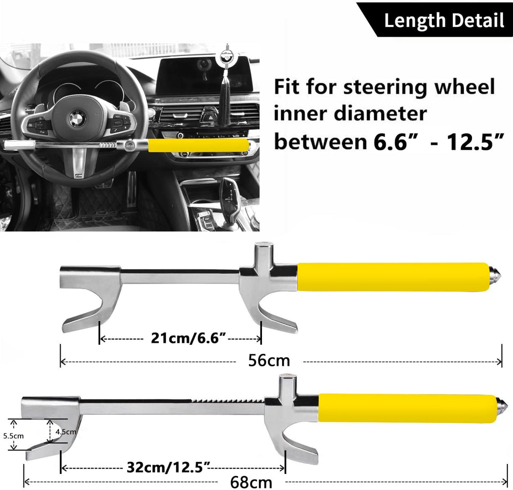 Tevlaphee Steering Wheel Lock Anti Theft Car Device Universal Car Theft Prevention Car Lock Adjustable Double Hook Emergency Hammer Window Breaker Self Defense Heavy Duty Secure (Yellow)