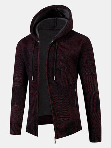 mens knitted zip front casual drawstring hooded cardigans with pocket
