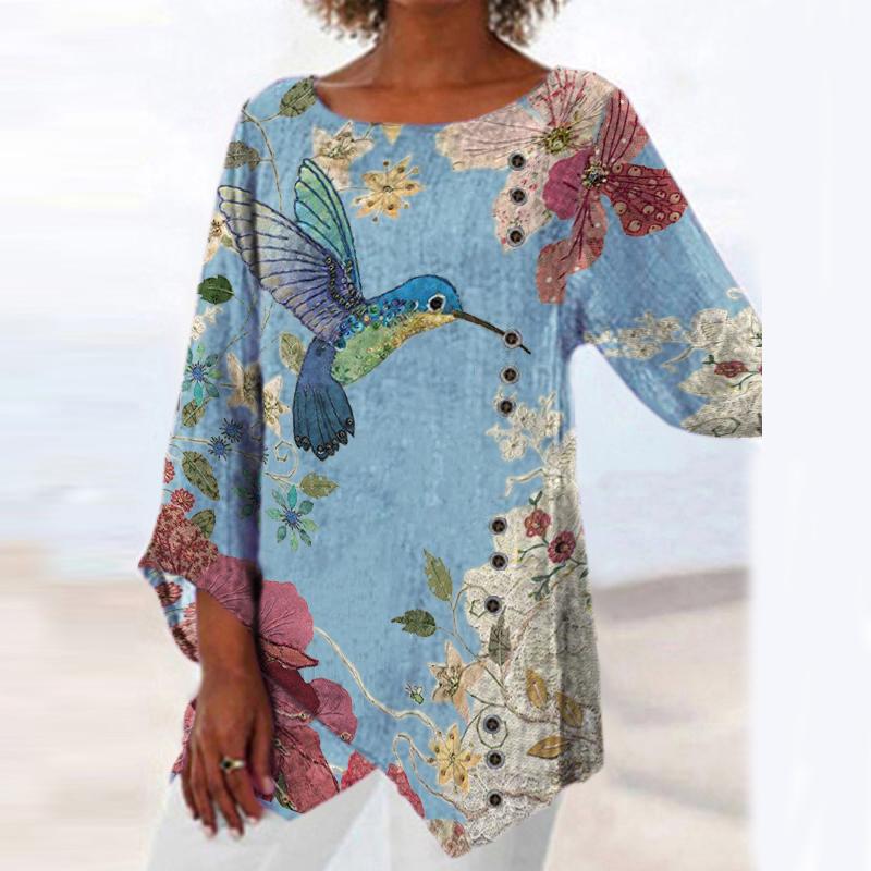 Casual Round Neck Long-sleeved Irregular Print Top
