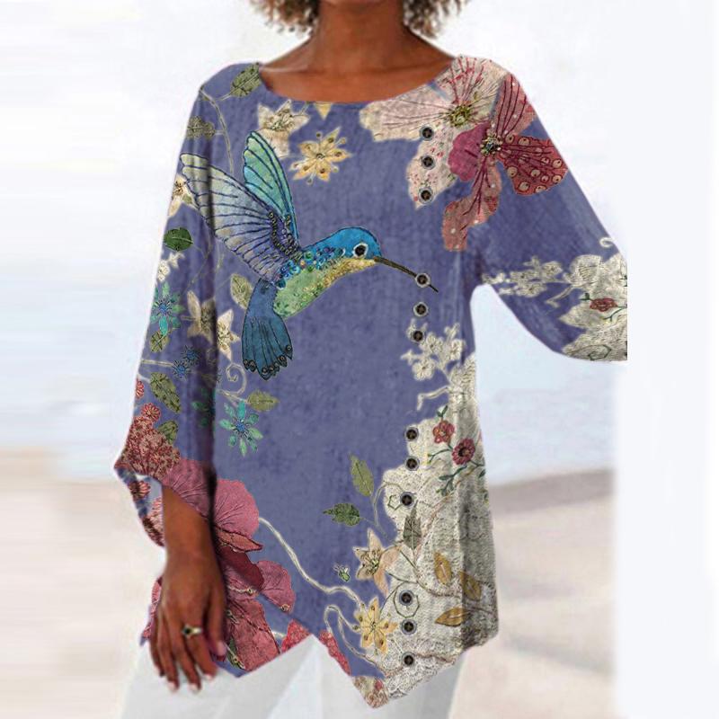 Casual Round Neck Long-sleeved Irregular Print Top