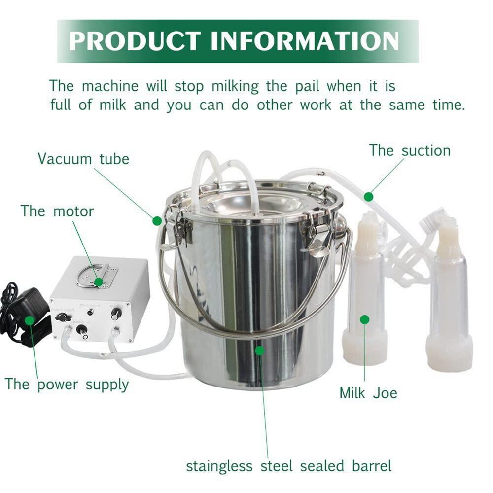 MAPOTAD 7L Goat Electric MilMachine, Automatic Rechargeable Battery Powered Pulsation Vacuum Pump with 2 Teat Cups  Steel Bucket for Goat(Battery Model)