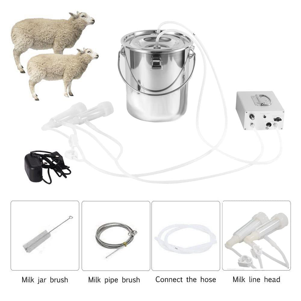 3L Goat MilMachine,Rechargeable Battery Milker Powered Pulsation Vacuum Pump with 2 Teat Cups, Steel Buckets for Goats(5200mAh Battery)