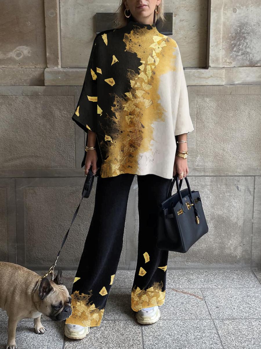 Women's Fashionable Retro Golden Yellow Color Block Printing Straight Suit