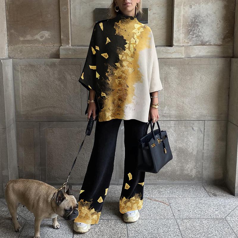 Women's Fashionable Retro Golden Yellow Color Block Printing Straight Suit