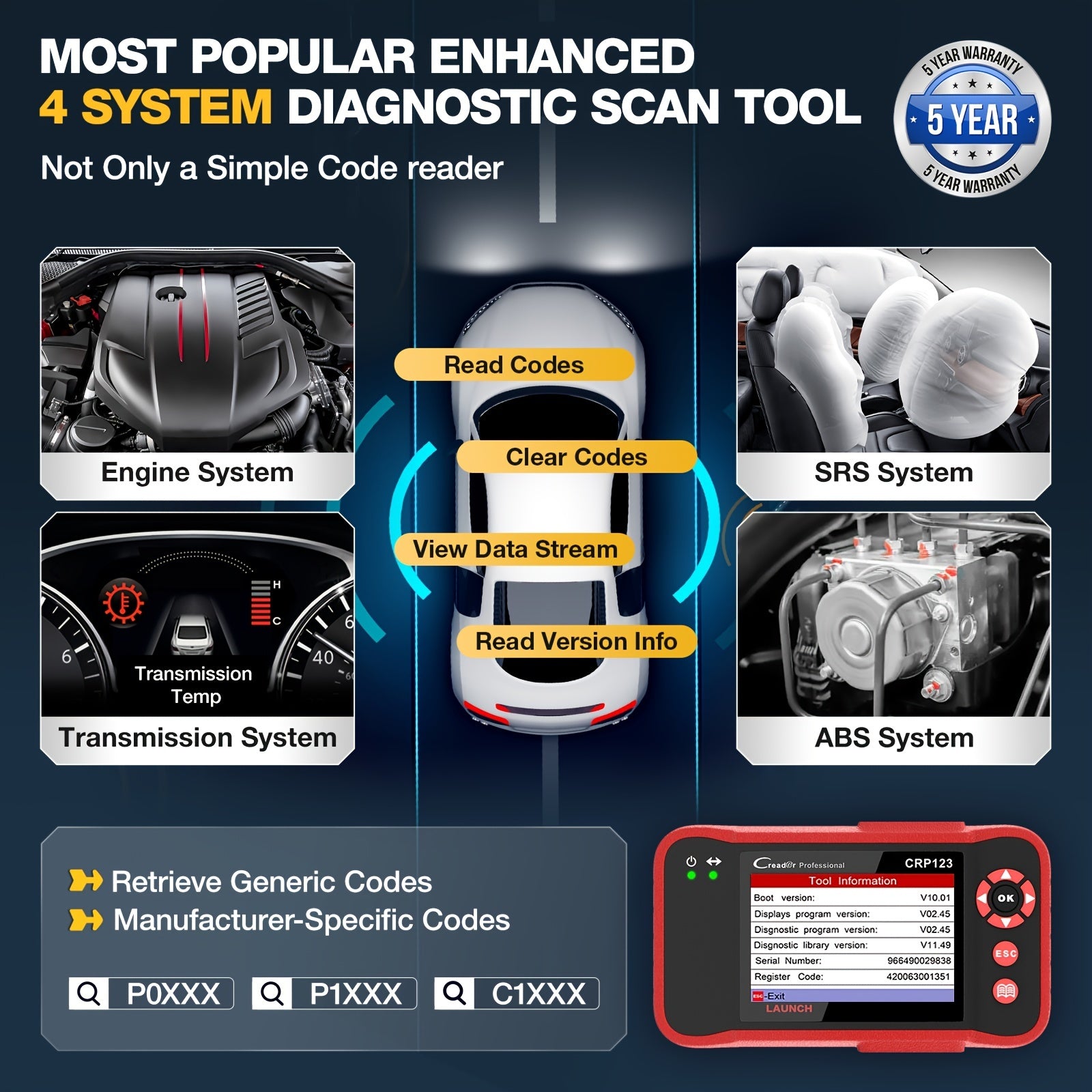 Professional Automotive Scanner: LAUNCH X431 CRP123 OBD2 - Engine, ABS, SRS &amp; AT Code Reader - Lifetime Updates!
