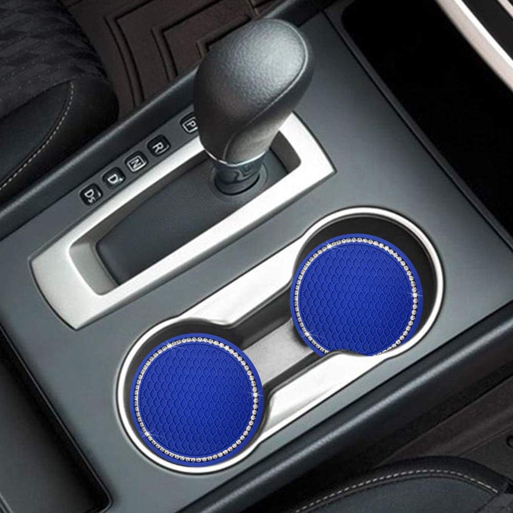 Universal Vehicle Bling Travel Auto Cup Holder Insert Coasters,2.75 Inch Crystal Rhinestone Car Interior Accessories Durable Anti Slip Silicone Car Coasters (Pack of 2) (Blue)