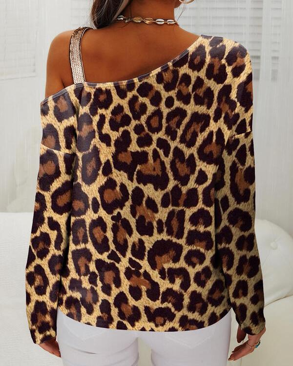 Fashion Leopard Print One-shoulder T-shirt