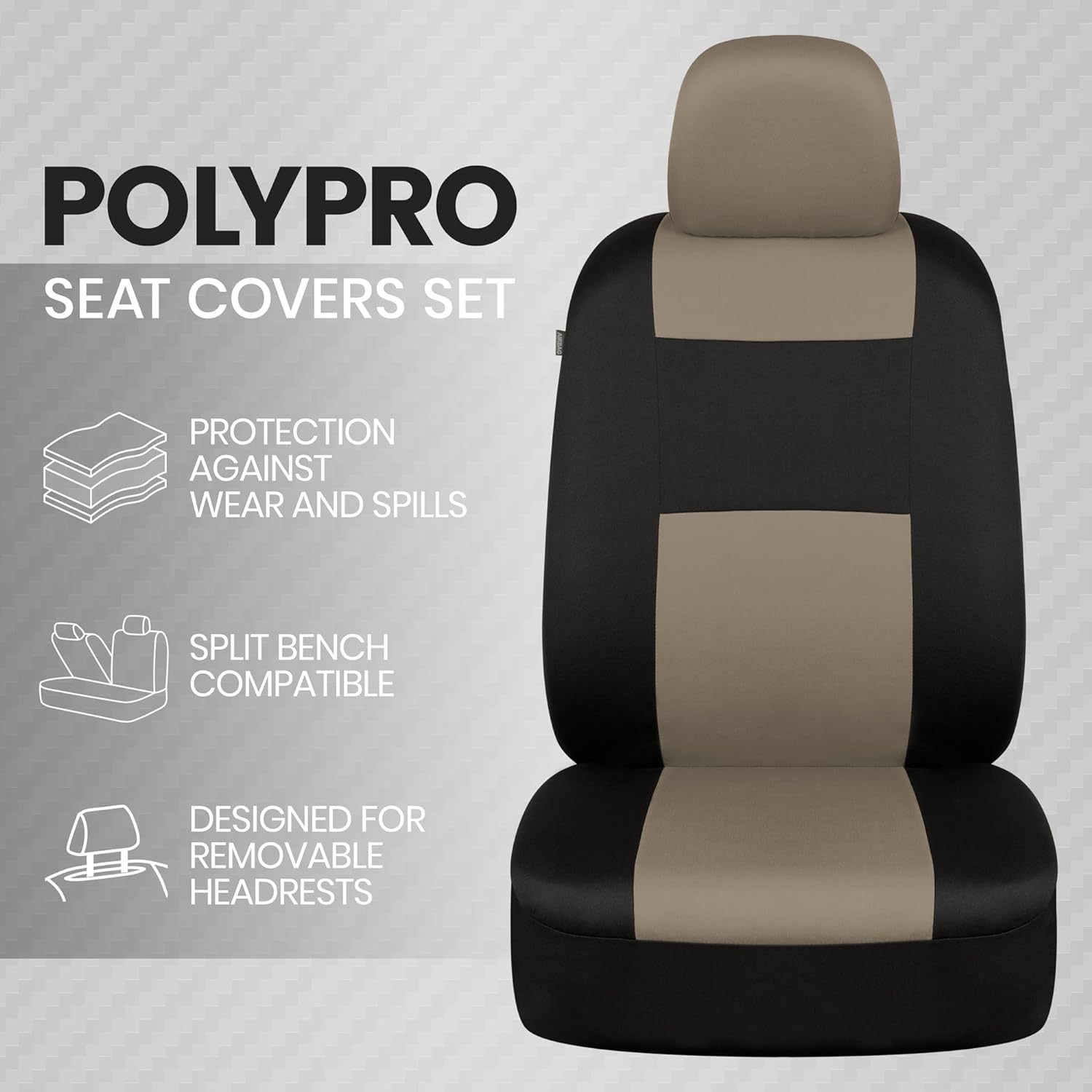 BDK PolyPro Car Seat Covers Full Set in Sand Beige on Black – Front and Rear Split Bench Seat Covers for Cars, Easy to Install Car Seat Cover Set, Car Accessories for Auto Trucks Van SUV (Light Beige)