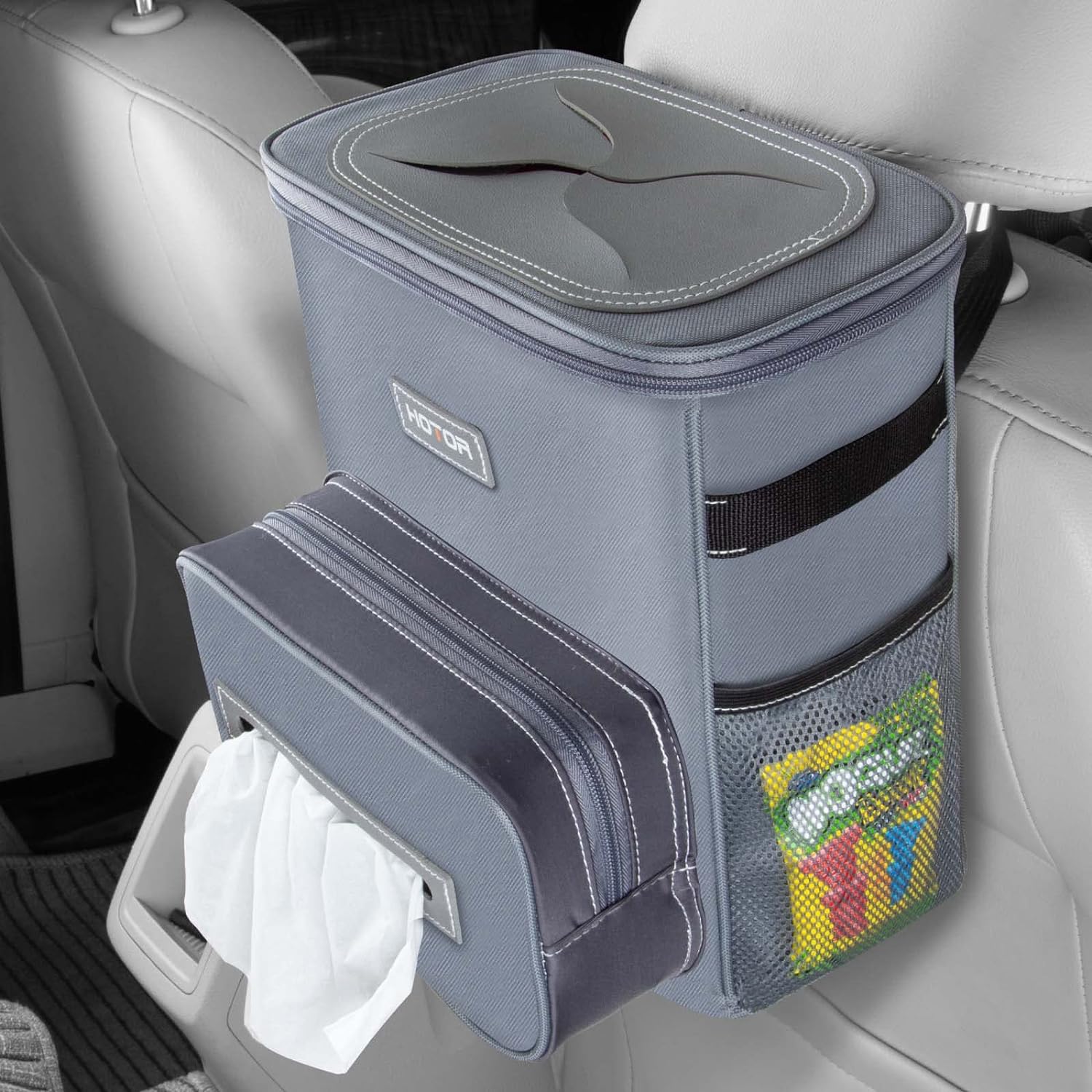 HOTOR Car Trash Can 2.5 Gallon - Handy Car Tissue Holder, Easy-to-Install Car Accessory Interior, Leak-Proof Car Organizer and Storage Bag for The Back/Front/Console of Any Cars, SUVs &amp; Trucks, Grey