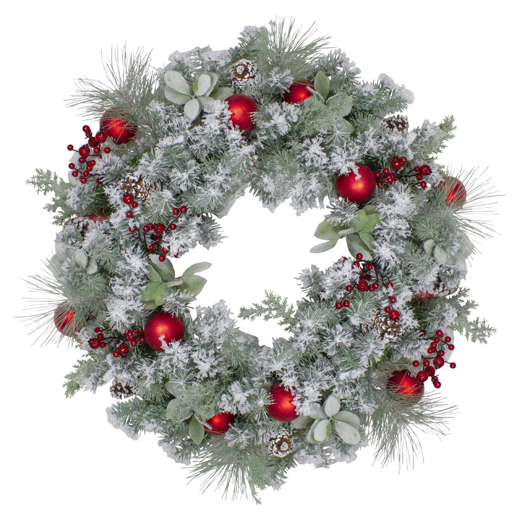 Flocked Artificial Mixed Pine and Red Ball and Berries Christmas Wreath, 40-Inch, Unlit