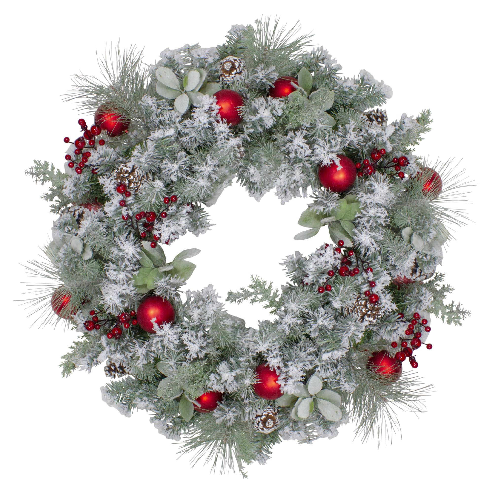 Flocked Artificial Mixed Pine and Red Ball and Berries Christmas Wreath, 40-Inch, Unlit