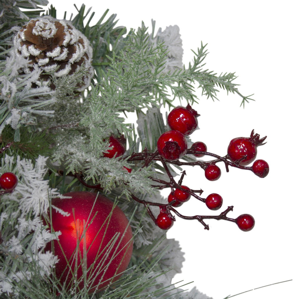 Flocked Artificial Mixed Pine and Red Ball and Berries Christmas Wreath, 40-Inch, Unlit