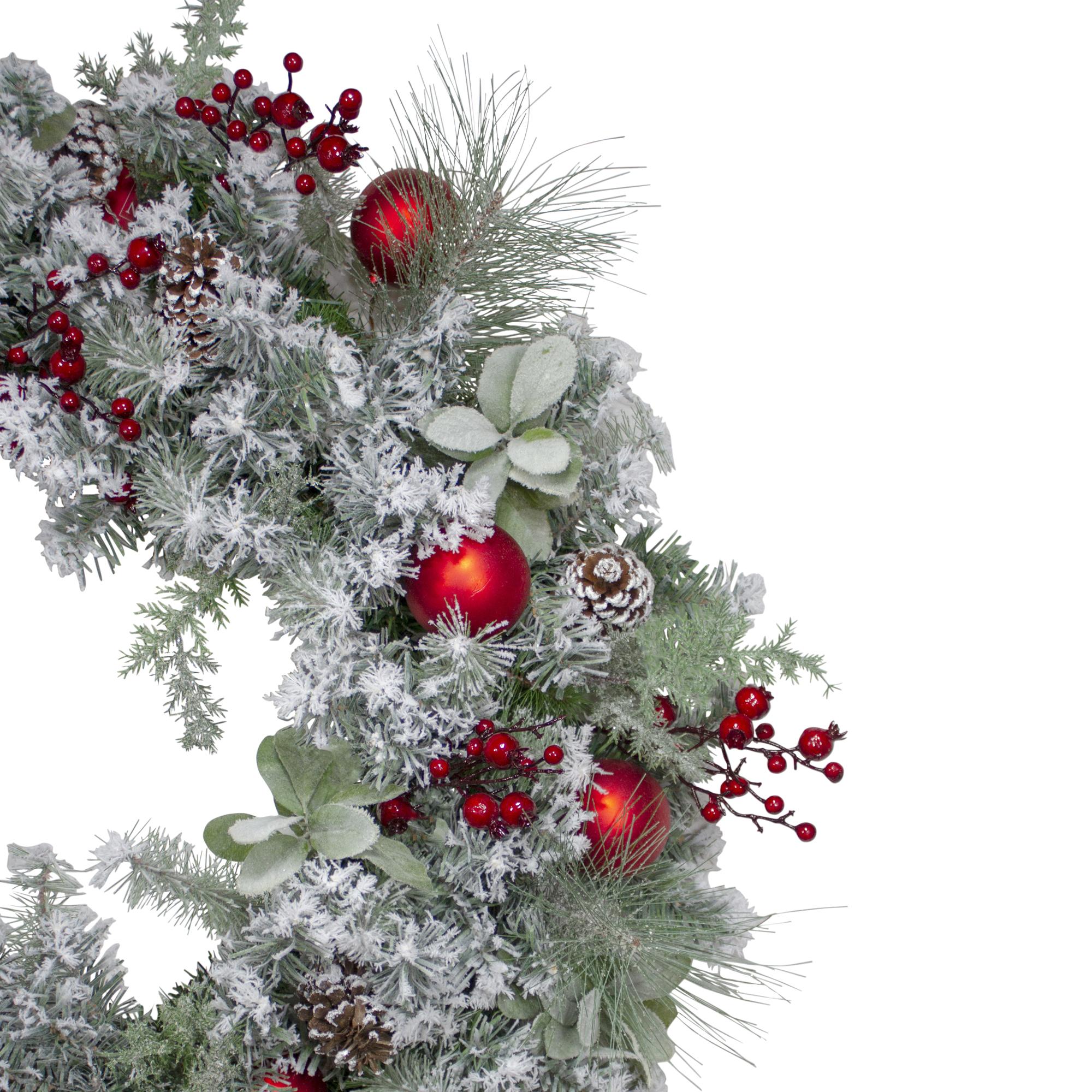 Flocked Artificial Mixed Pine and Red Ball and Berries Christmas Wreath, 40-Inch, Unlit