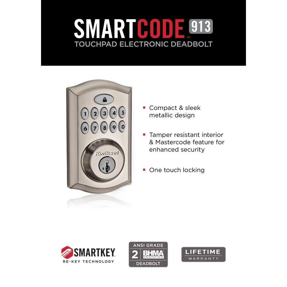 SmartCode Satin Nickel Single Cylinder Electronic Deadbolt featuring SmartKey Security and Juno PassaKnob