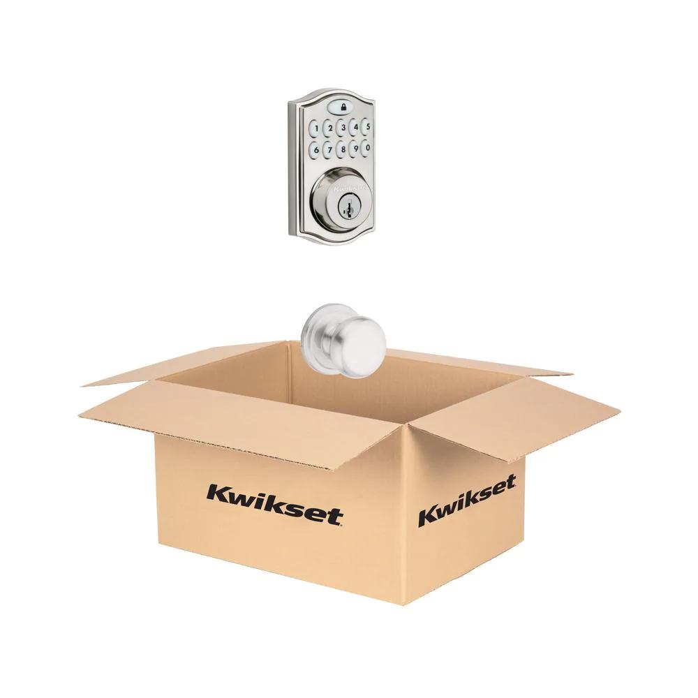 SmartCode Satin Nickel Single Cylinder Electronic Deadbolt featuring SmartKey Security and Juno PassaKnob