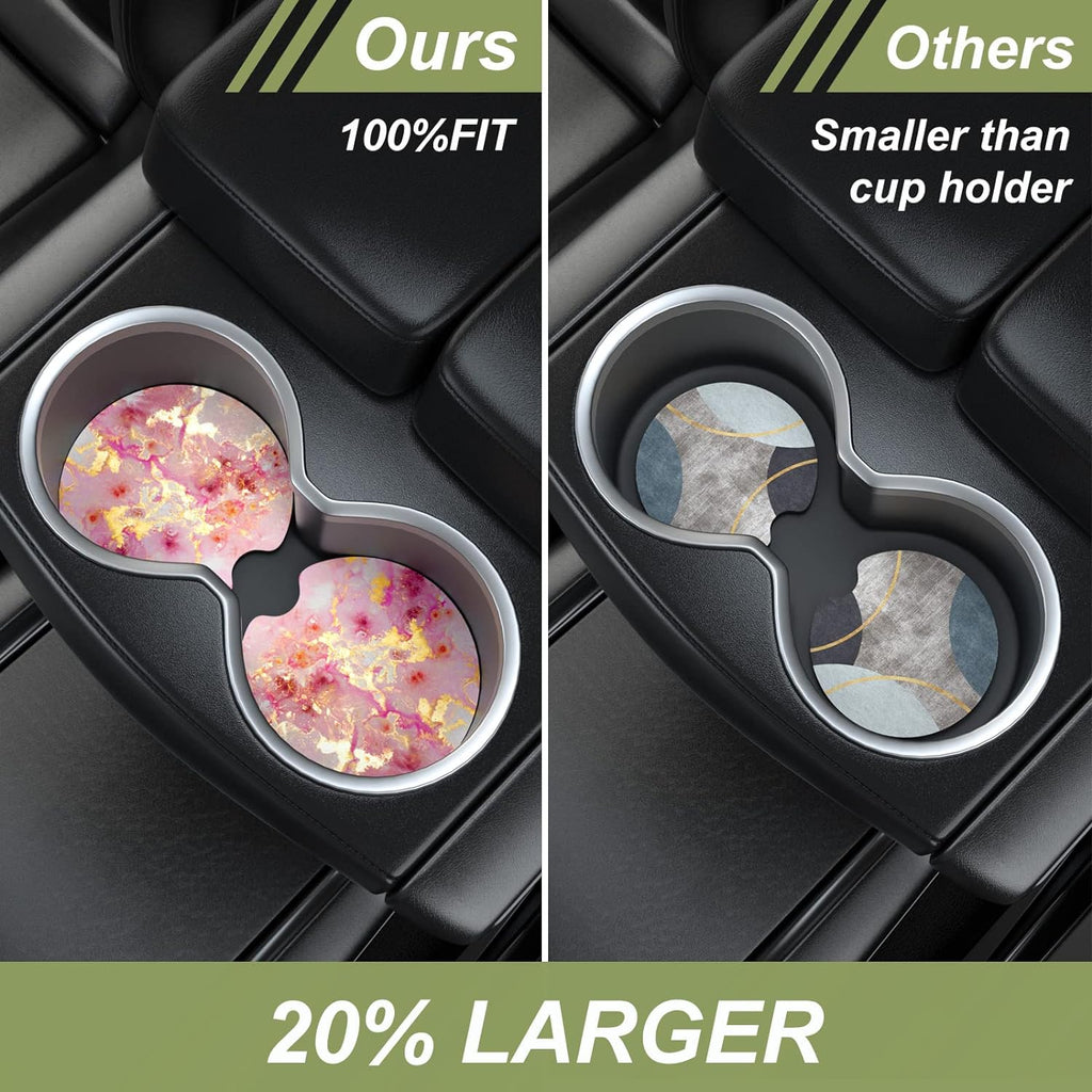 Nipichsha Car Cup Holder Coasters, 2 Pack Anti Slip Insert Coasters, Rubber Car Cup Mat with A Finger Notch, Cute Car Interior Accessories for Women Men(Gold Pink Marble)