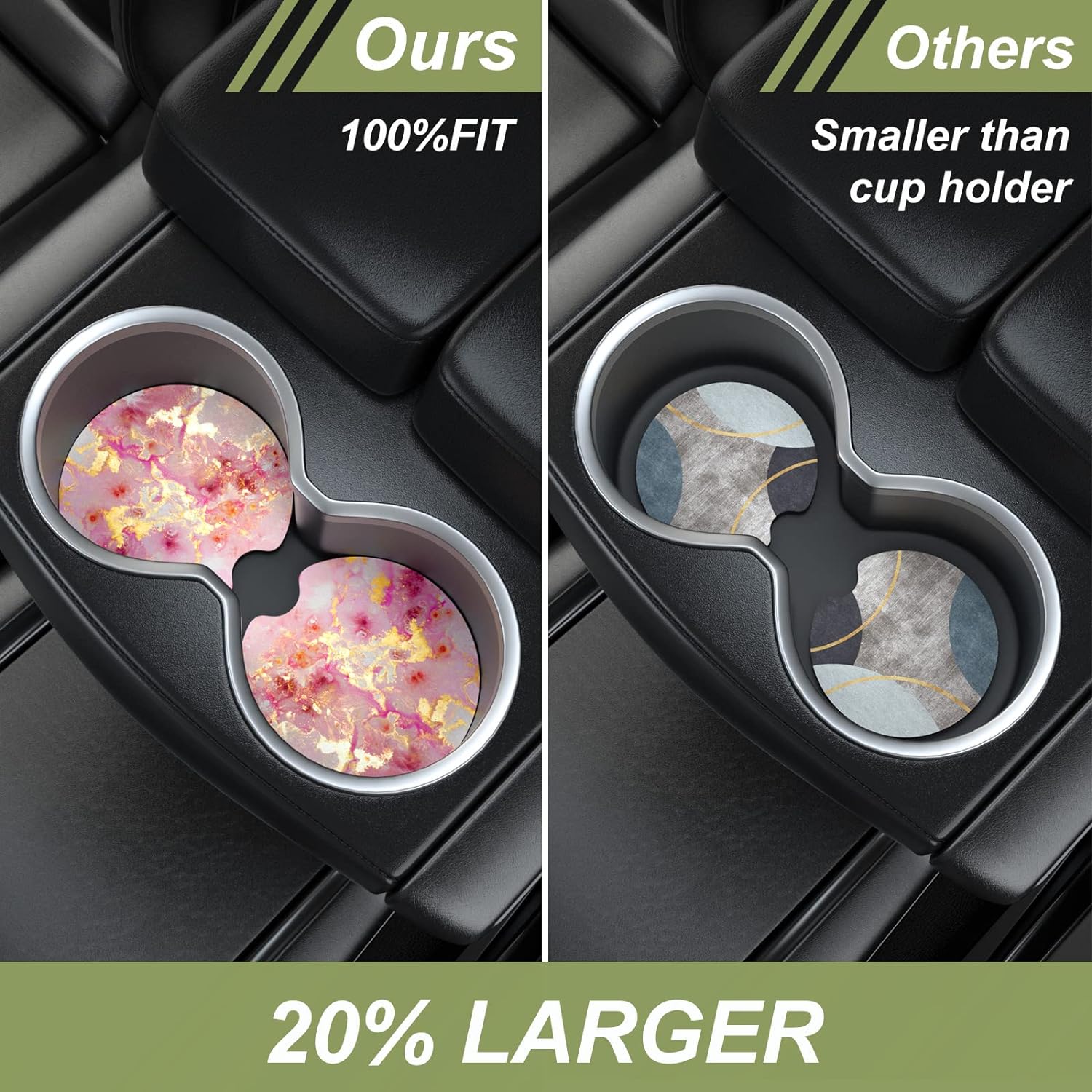 Nipichsha Car Cup Holder Coasters, 2 Pack Anti Slip Insert Coasters, Rubber Car Cup Mat with A Finger Notch, Cute Car Interior Accessories for Women Men(Gold Pink Marble)