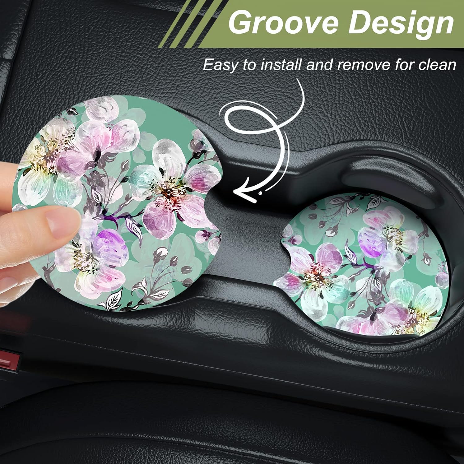 Nipichsha Car Cup Holder Coasters, Car Coasters for Cup Holders, 2 Pack Anti Slip Insert Coasters, Rubber Car Cup Mat with A Finger Notch, Cute Car Interior Accessories for Women Men(Plum Flower)