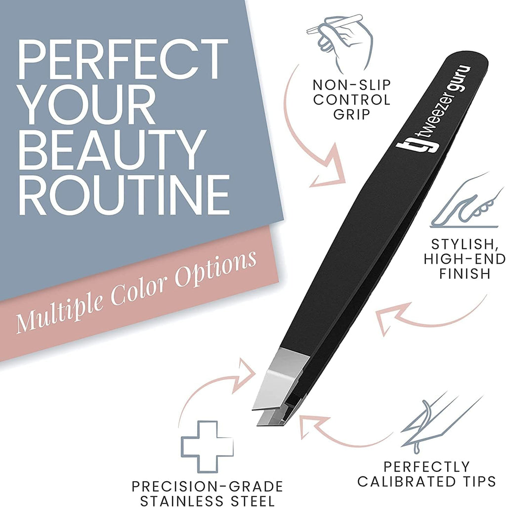 Tweezer Guru Tweezers for Women - 2pc Slant Pointed Precision Tweezers for Eyebrows &amp; Ingrown Hair Removal - Blackhead and Splinter Tweezer with Sharp Needle Nose Point for Plucking (Black)