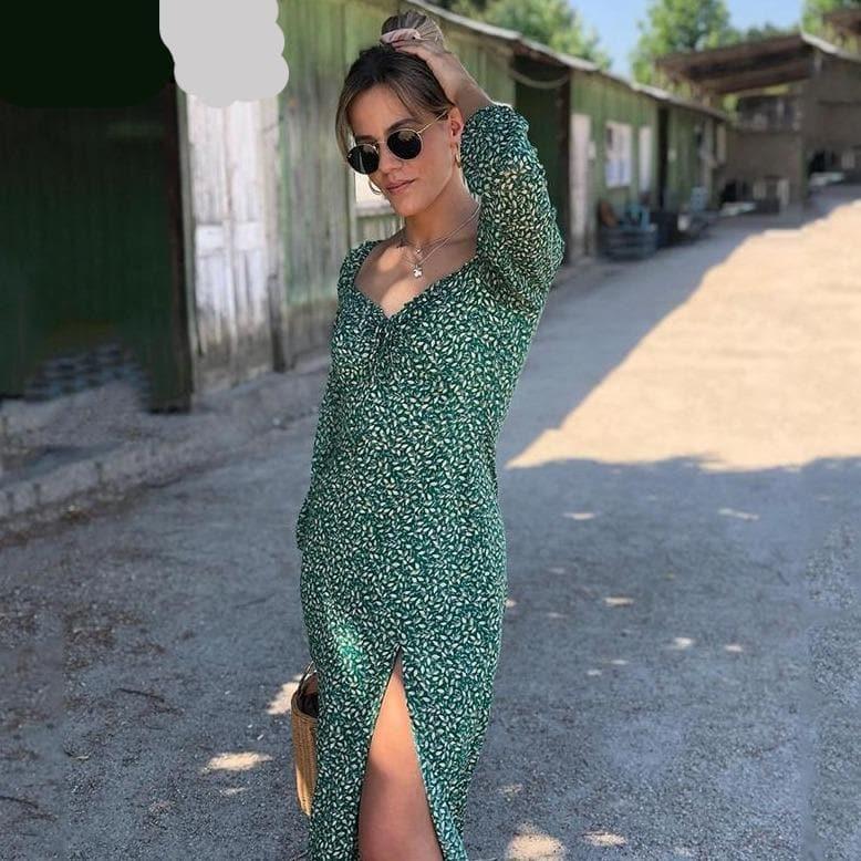 vintage long sleeve green floral maxi dress